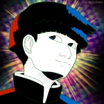 Small square drawing of Mob in black and white over a colourful aura background